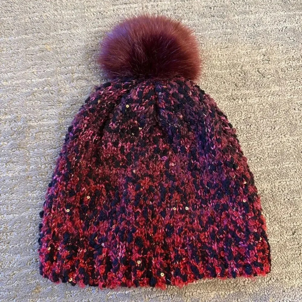 Express Women's Maroon Red Black Sparkle Knit Pom Faux Fur Beanie